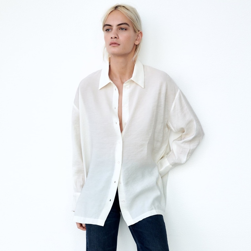 Zara White Flowy Oversized Button Down Shirt S Gem